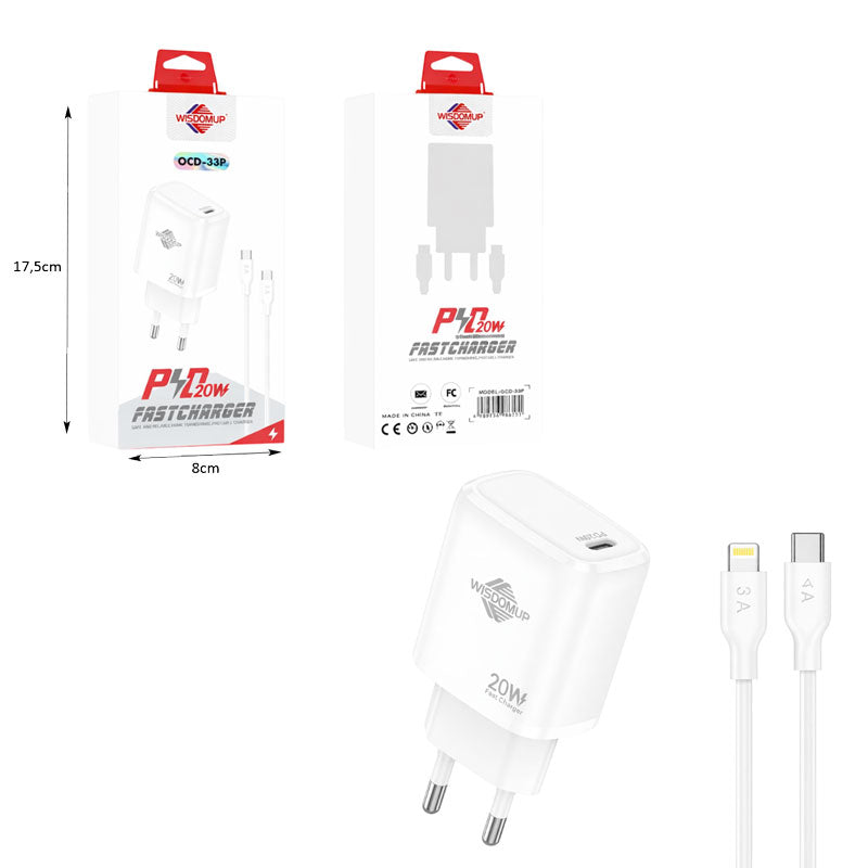 Wisdomup Φορτιστής Κινητού USB-C με Καλώδιο Lightning σε Type-C 20W OCD-33P - Fast Charger with Lightning to Type-C Cable OEM