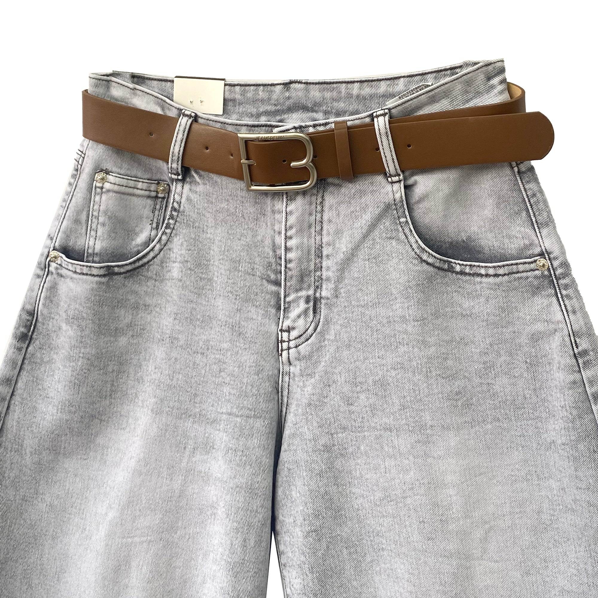 Γυναικεία φαρδιά τζιν βερμούδα baggy με ζώνη Γκρι ANSIN