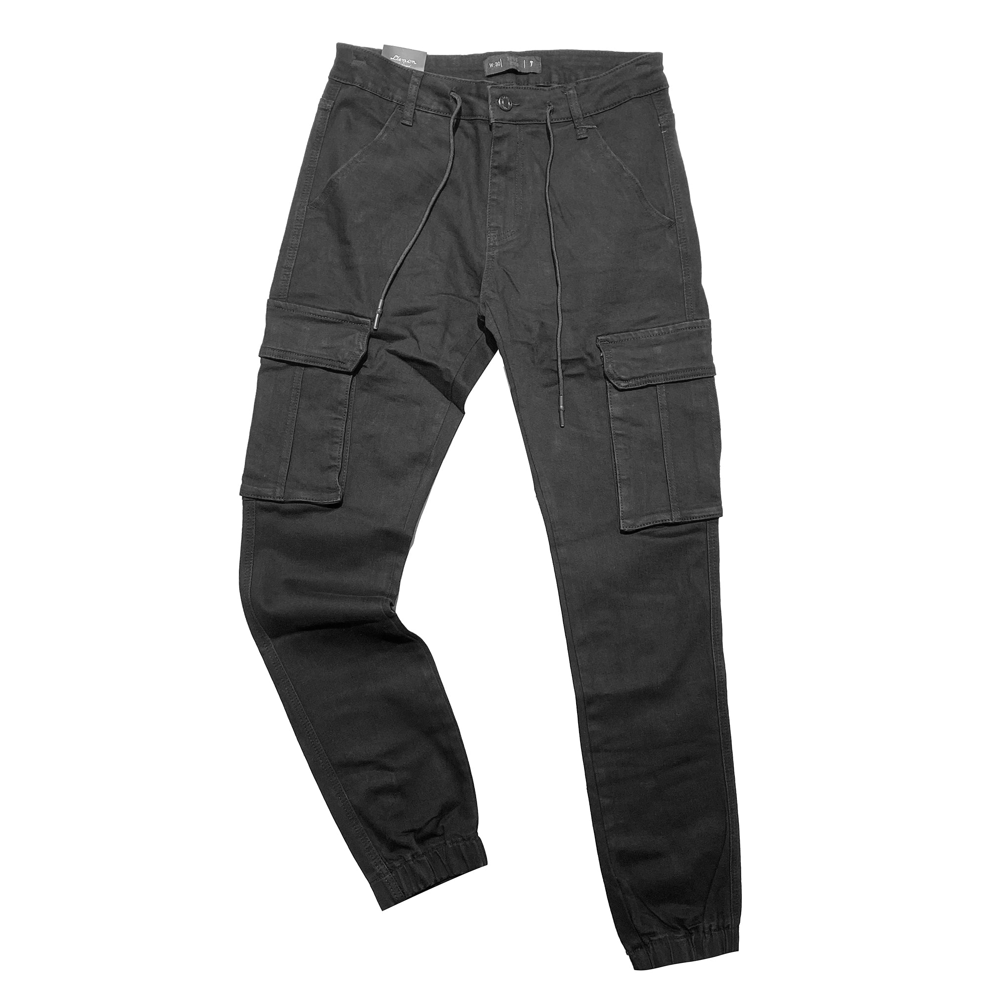 Ανδρικά τζιν παντελόνια cargo με κορδόνι στο ζωνάρι Μαύρο ANSIN