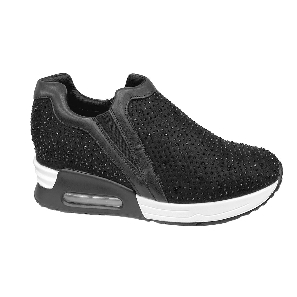 Γυναικεία ανατομικά παπούτσια slip-on με πλατφόρμα και στρας Μαύρο ANSIN