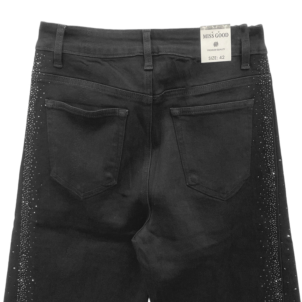 Γυναικεία τζιν παντελόνα wide leg με στρας Μαύρο 9577