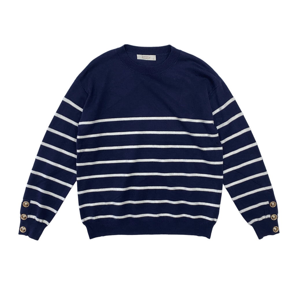 Γυναικείο ριγέ πουλόβερ διακοσμητικά κουμπιά Μπλε 7305 ANSIN