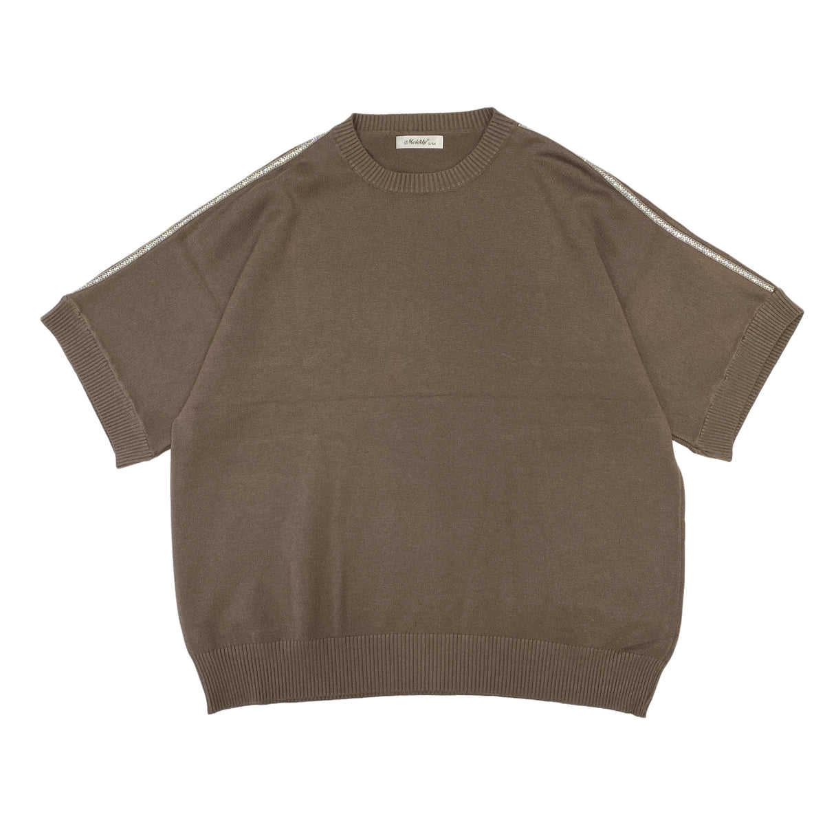 Κοντομάνικη γυναικεία πλεκτό μπλούζα oversized με στρας στους ώμους aνοιχτό Καφέ 2932 ANSIN