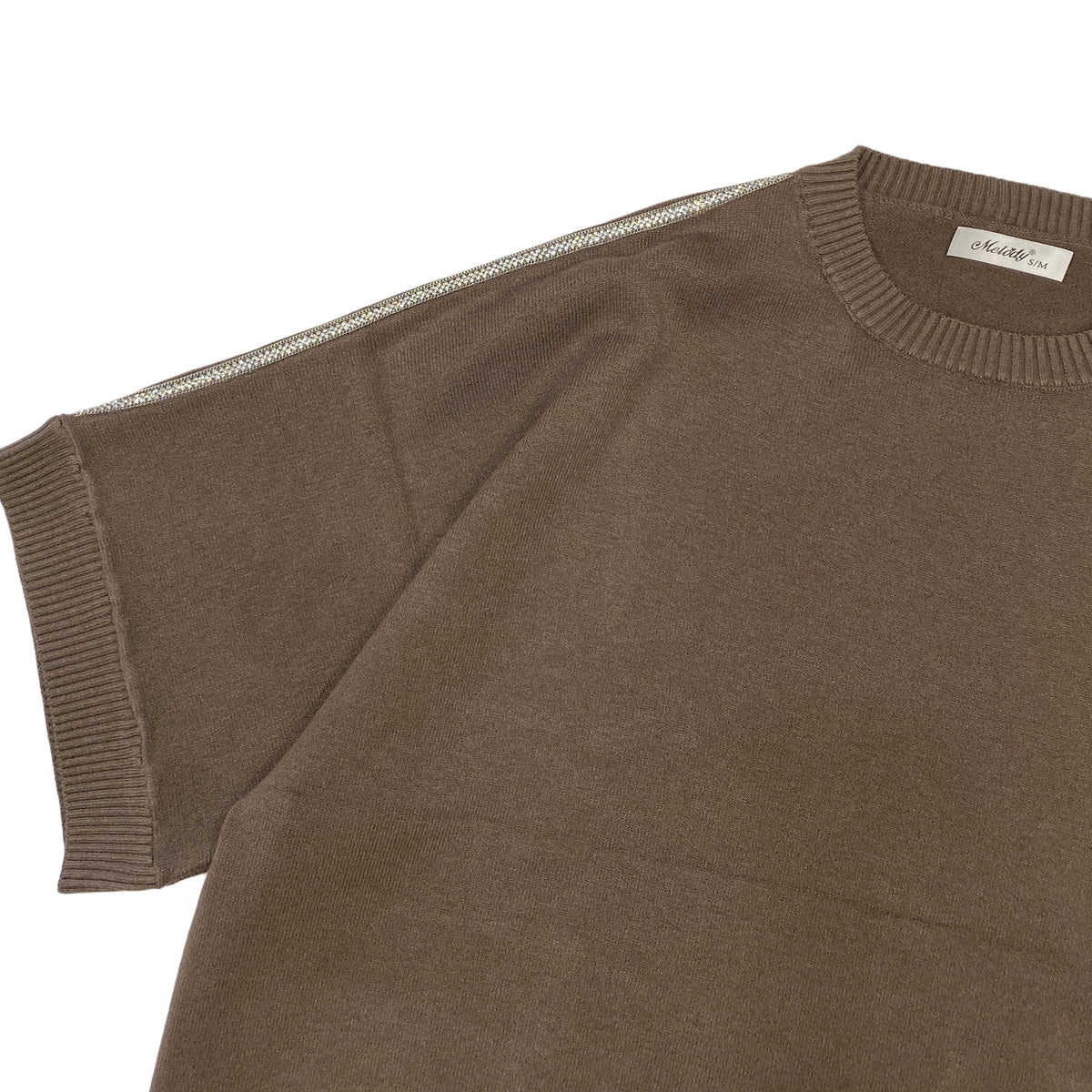 Κοντομάνικη γυναικεία πλεκτό μπλούζα oversized με στρας στους ώμους aνοιχτό Καφέ 2932 ANSIN