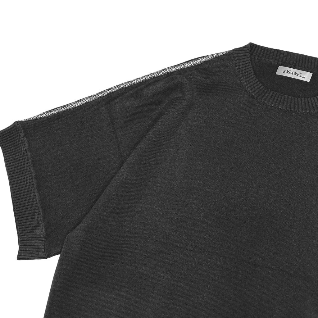 Κοντομάνικη γυναικεία πλεκτό μπλούζα oversized με στρας στους ώμους Μαύρο 2932 ANSIN