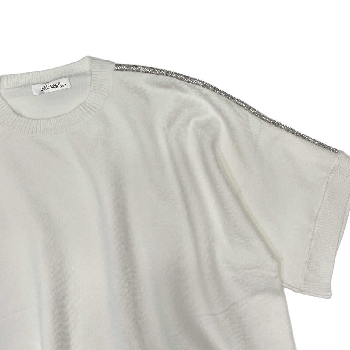 Κοντομάνικη γυναικεία πλεκτό μπλούζα oversized με στρας στους ώμους Λευκό 2932 ANSIN
