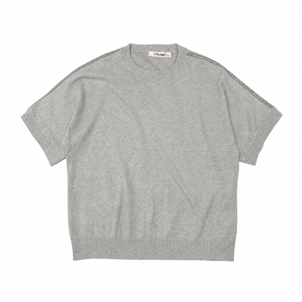 Κοντομάνικη γυναικεία πλεκτό μπλούζα oversized με στρας στους ώμους Μπεζ 2932 ANSIN