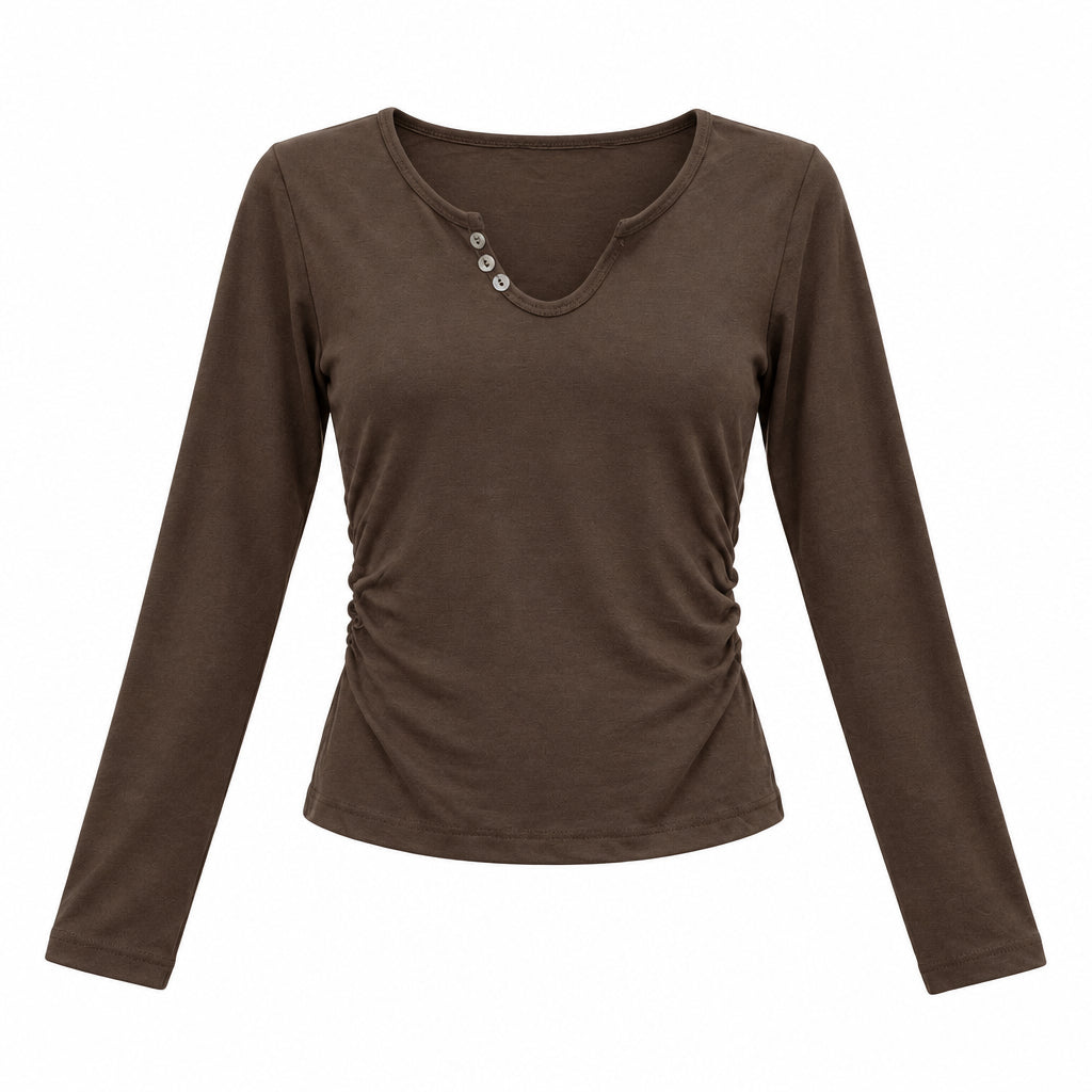 Γυναικείο κοντό μπλουζάκι μακρυμάνικο λαιμόκοψη Henley Καφέ 8252 ANSIN