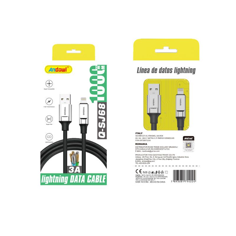 Andowl Καλώδιο δεδομένων USB σε Lightning– 3A Q-SJ68 - Data Cable ANDOWL