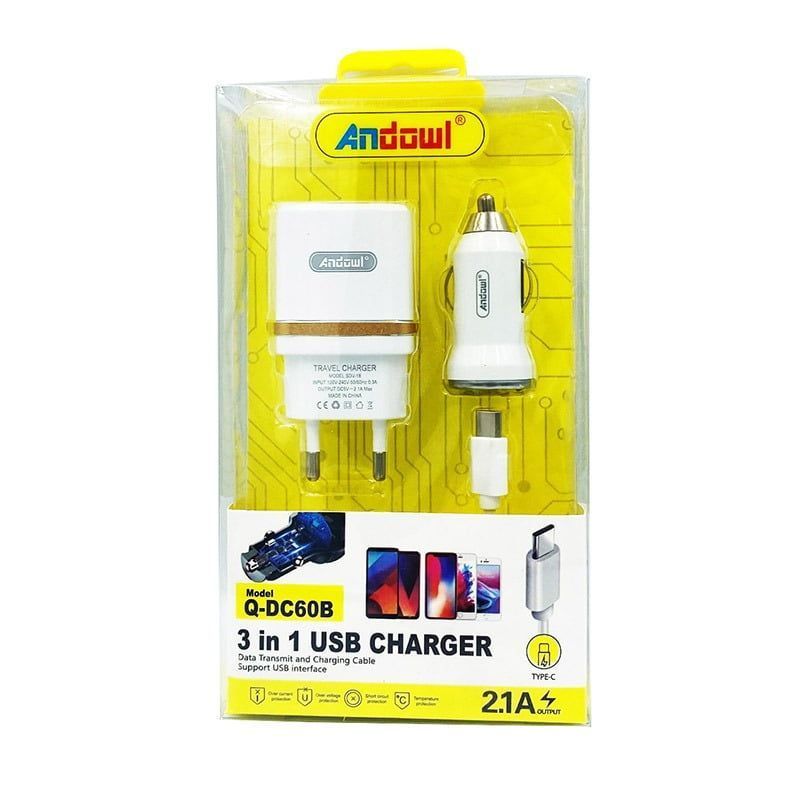 Andowl Σετ Αυτοκίνητου και Πρίζας με Θύρα USB-A και Καλώδιο USB-C Λευκός Q-DC60B ANDOWL