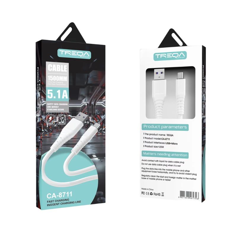 Treqa CA-8711 καλώδιο δεδομένων 1.5m USB σε Micro - Fast Charging Cable Micro - Λευκό - Μαύρο - Πράσινο Treqa