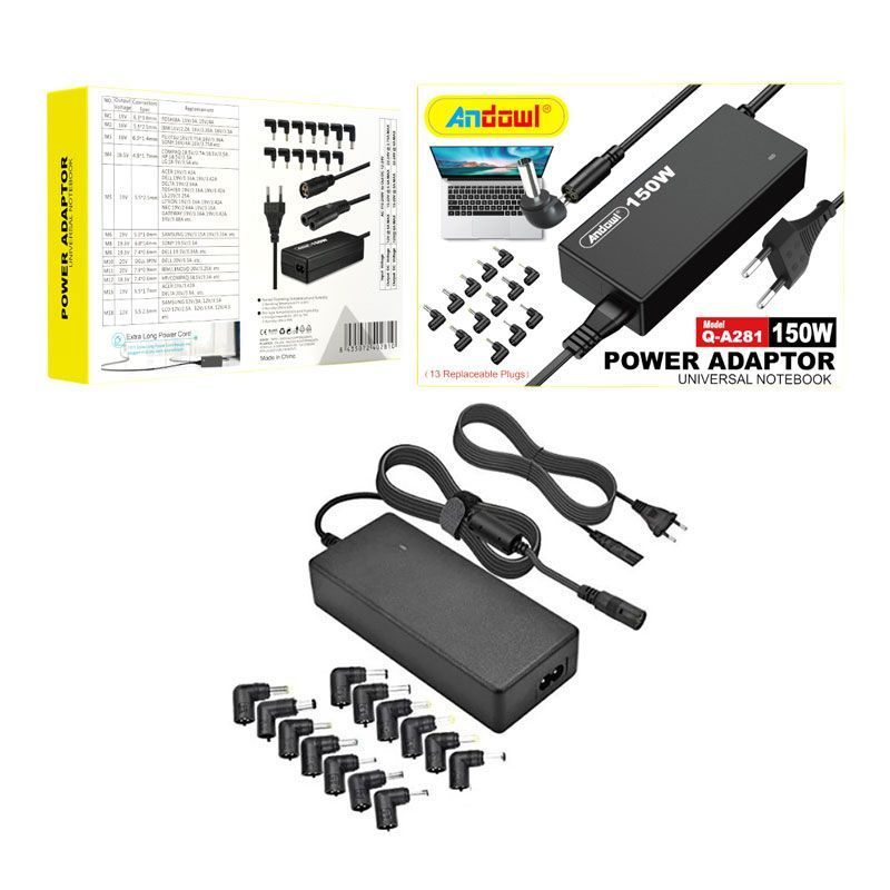 Andowl Q-A281 Universal Τροφοδοτικό 150W με Σετ 13 Εναλλασσόμενων Βυσμάτων - Universal laptop adaptor ANDOWL