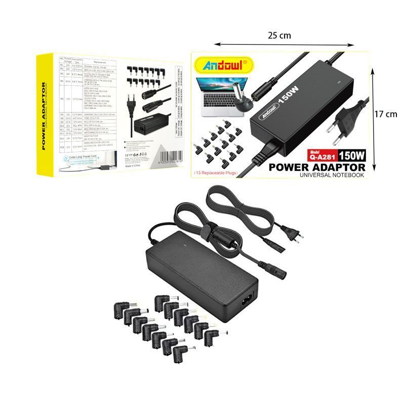 Andowl Q-A281 Universal Τροφοδοτικό 150W με Σετ 13 Εναλλασσόμενων Βυσμάτων - Universal laptop adaptor ANDOWL