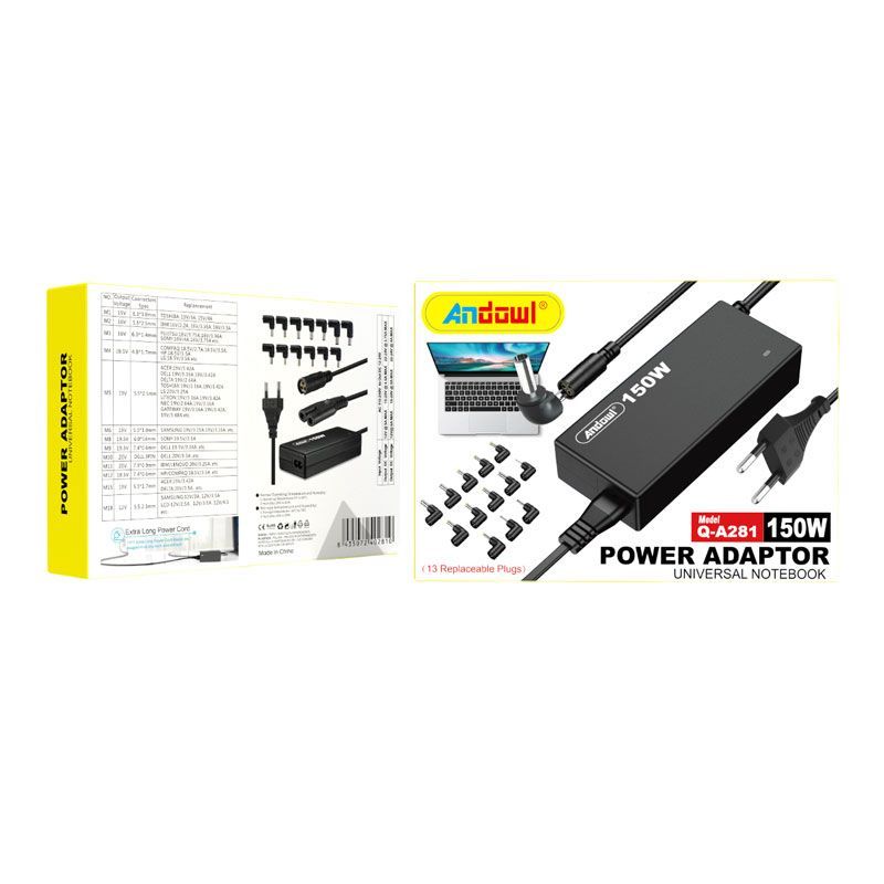 Andowl Q-A281 Universal Τροφοδοτικό 150W με Σετ 13 Εναλλασσόμενων Βυσμάτων - Universal laptop adaptor ANDOWL