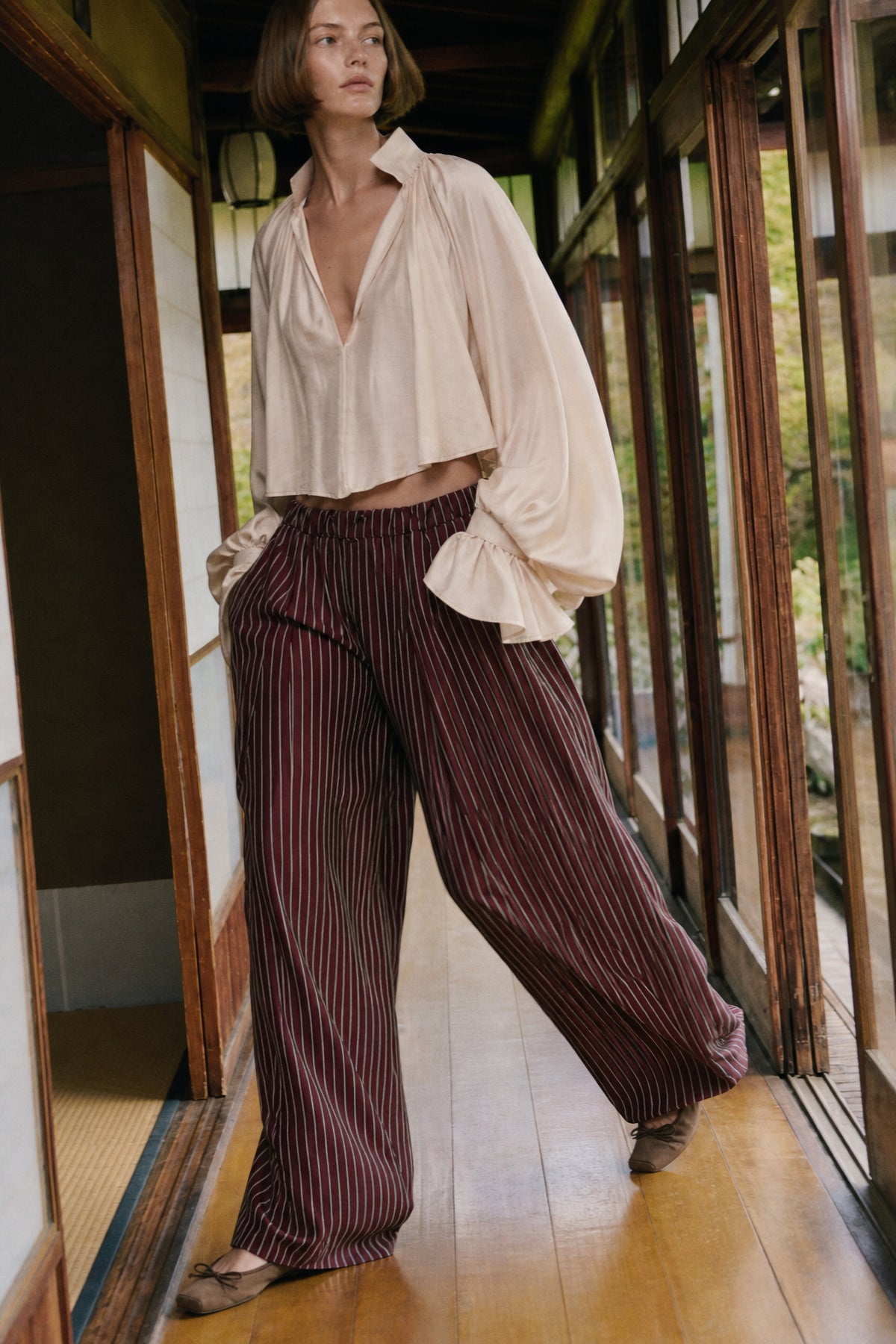 Γυναικείο παντελόνι wide-leg ριγές LUMINA Μπορντό LD6124