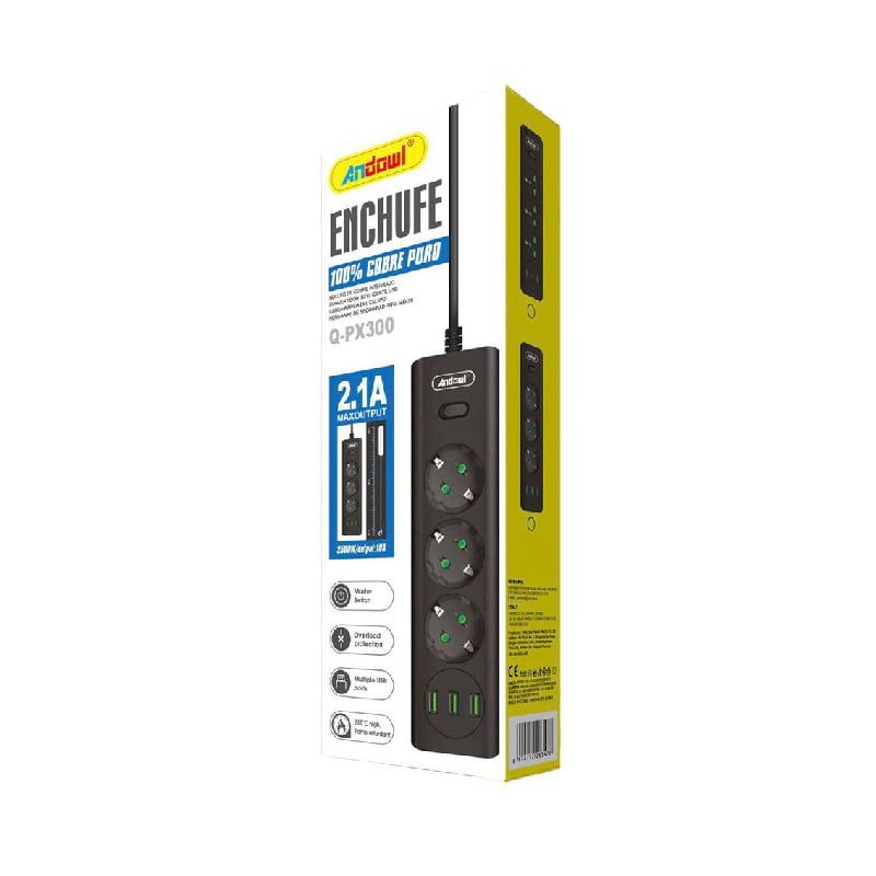 Andowl Πολύπριζο 3 Θέσεων + 2 USB Θύρες με Διακόπτη Q-PX300 - Socket ANDOWL