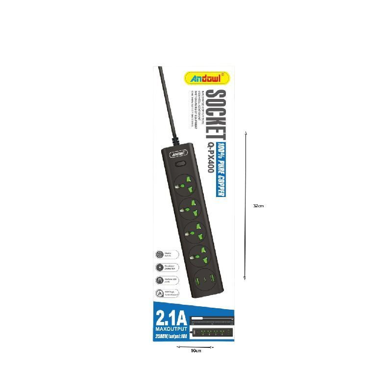 Andowl Πολύπριζο με Αγγλική Πρίζα 4 Θέσεων + 2 USB Θύρες με Διακόπτη Q-PX400 - Socket ANDOWL