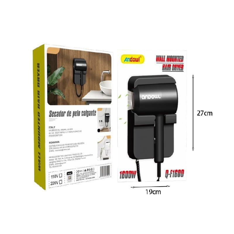 Andowl Επιτοίχιο Πιστολάκι Μαλλιών 1600W Q-F1600 - Wall mounted hair dryer - Μαύρο OEM